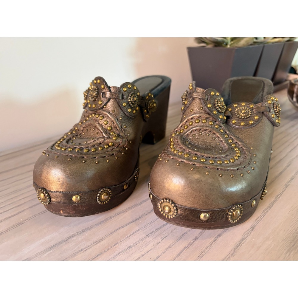 Metallic Bronze Studded Leather Clogs Wooden Platform Block Heel Mules Bohemian